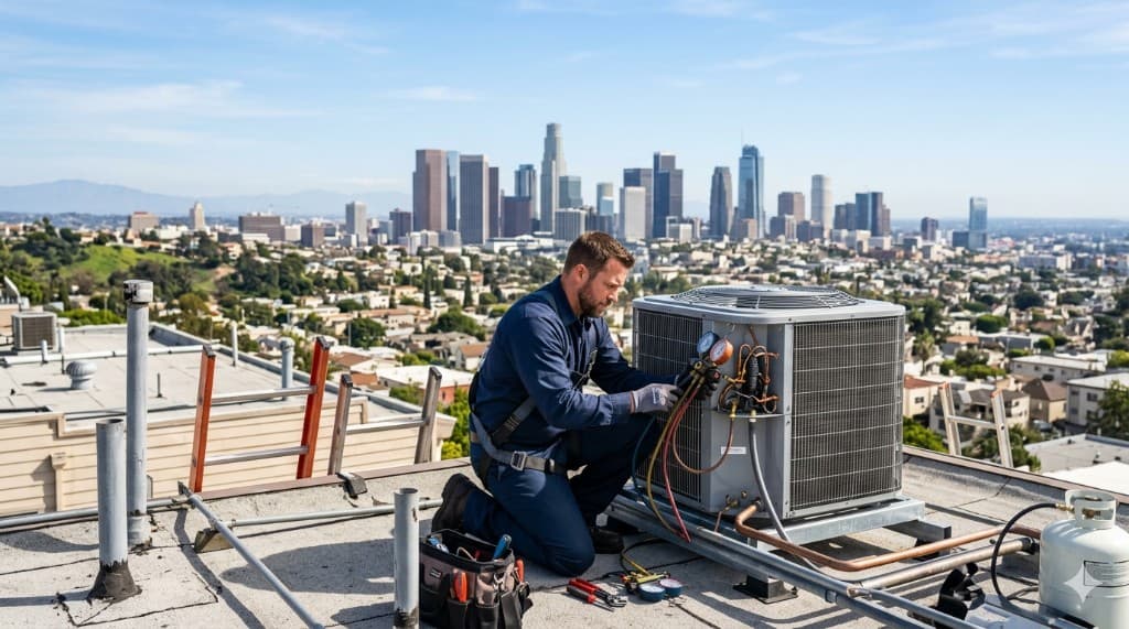 HVAC technician servicing an air conditioning unit in Los Angeles