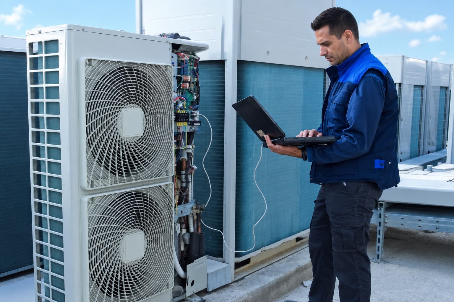 Technician connected to a VRF outdoor unit with diagnostic laptop